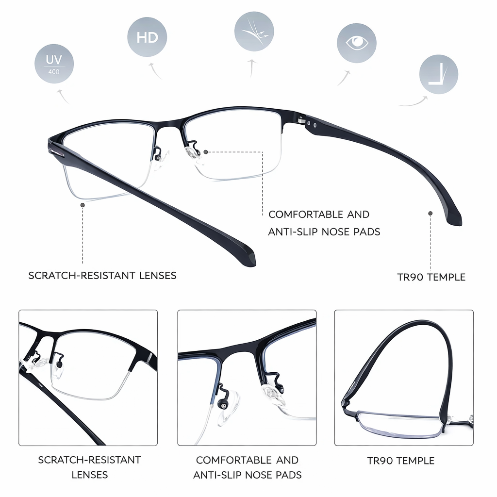 ULTRALIGHT METAL HALF-RIM PHOTOCHROMIC MULTIFOCAL GLASSES