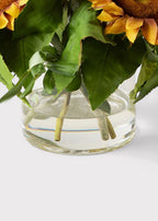 Faux Sunflower and Olive Leaf Arrangement in Glass Vase - 11"