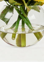 Faux Yellow Rose Arrangement in Glass Vase - 7"